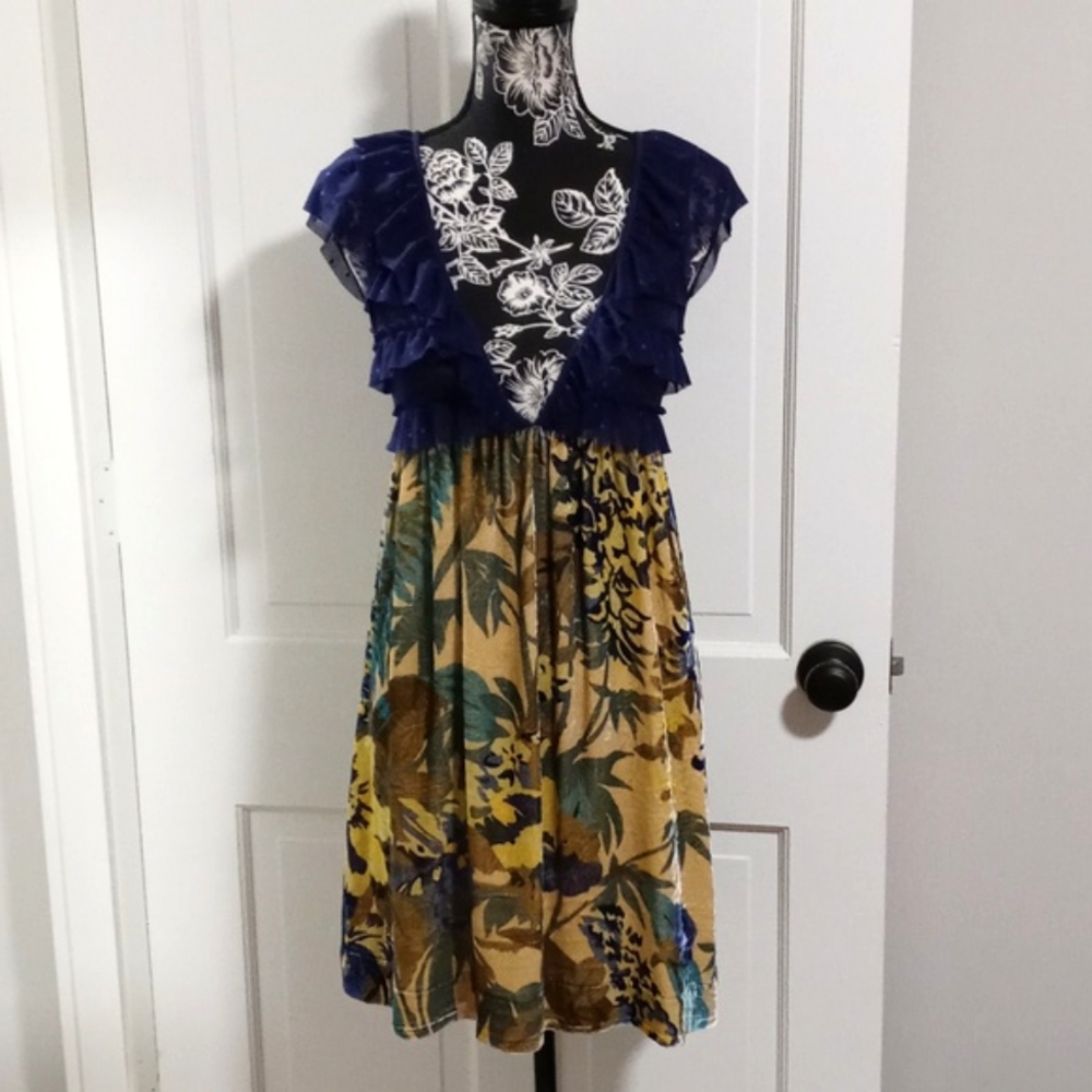 💙Free People (Anthro)💙 - Blue/Yellow Floral Lace/Velvet Mini Babydoll Dress